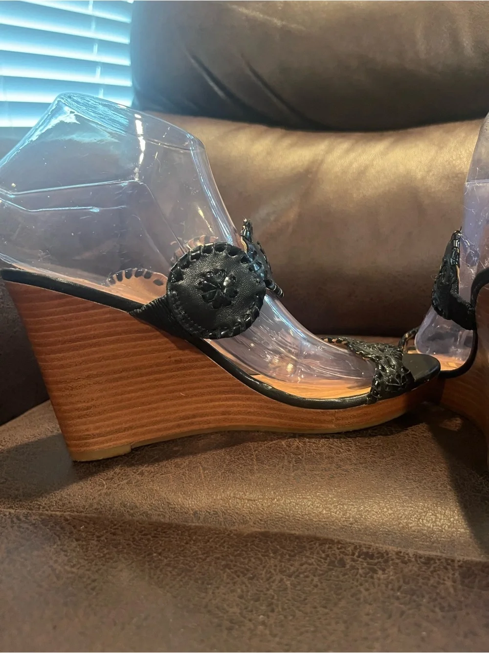 Jack Rogers Black Woven Leather Slide Sandals with Medallions